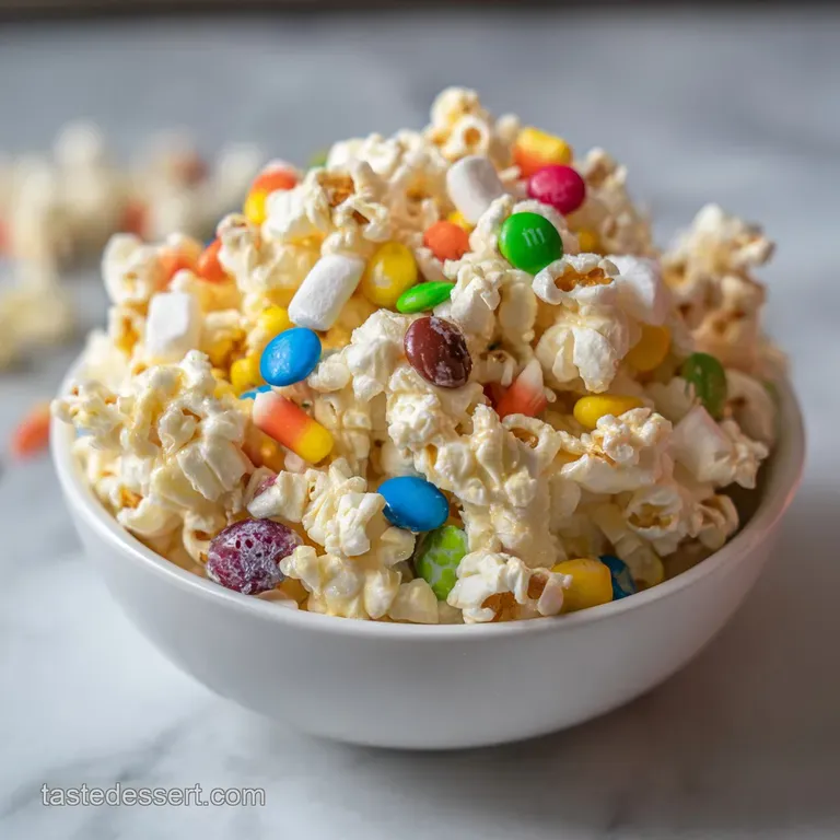 A large wooden bowl overflowing with colorful popcorn, orange chocolate drizzles, and bright autumn-colored candies.