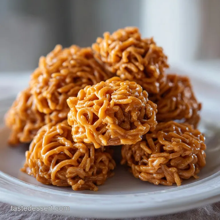 Neatly arranged haystack cookies on a white plate, a sweet golden brown dessert tempting the eye. A simple, crunchy indulg...