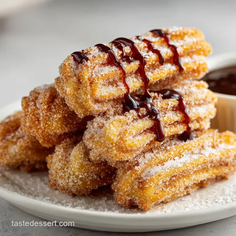 Air fryer churro bites arranged neatly on a plate. Glistening cinnamon sugar reflects light, promising a sweet, crispy treat.