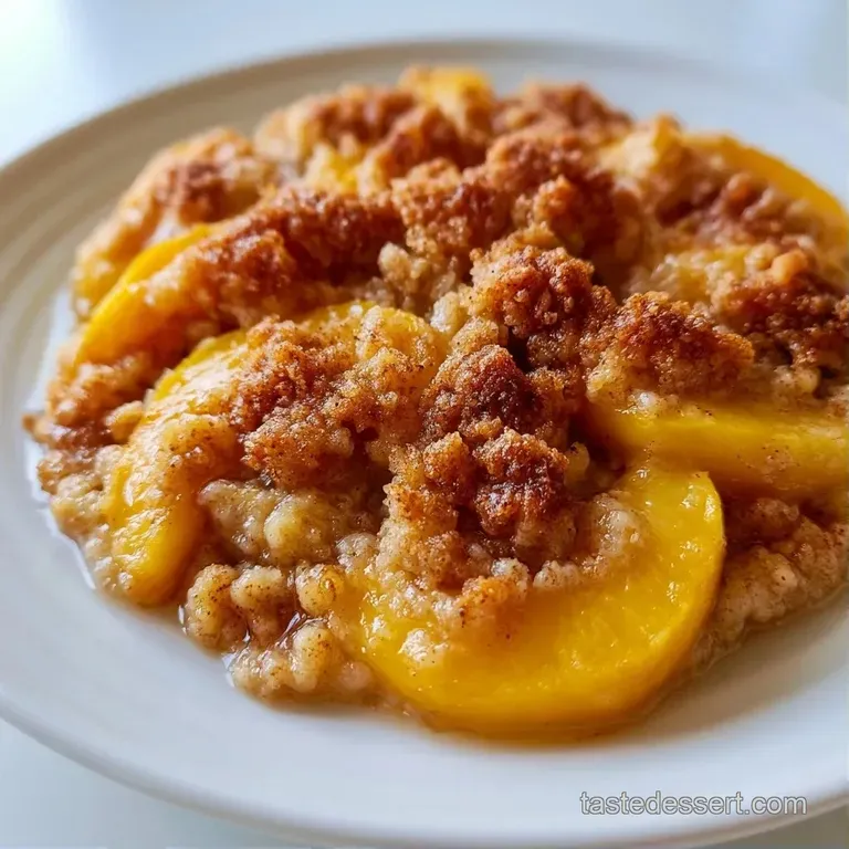 A warm scoop of peach crumble in a white bowl topped with a dollop of melting vanilla cream and a mint leaf.