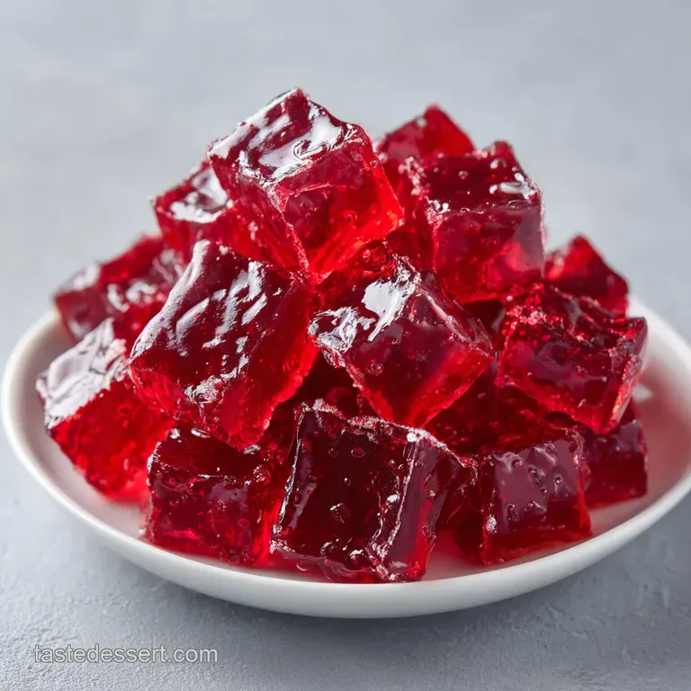 Ruby-red chewy squares neatly arranged on a cool marble slab, accented by fresh, vibrant strawberry slices.