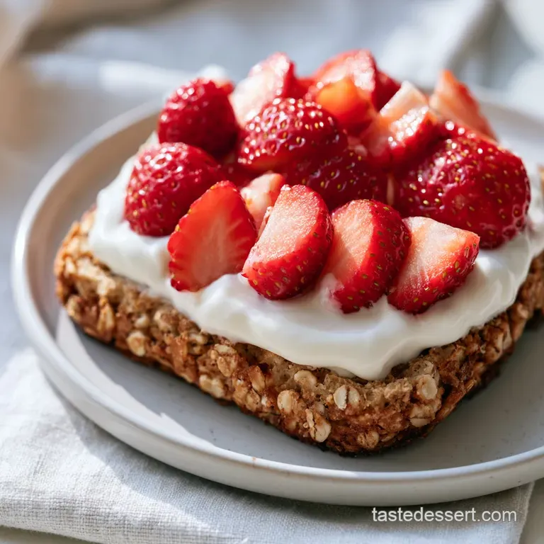 A slice of rustic oat cake on a white ceramic plate, garnished with a sprig of mint and a drizzle of honey.