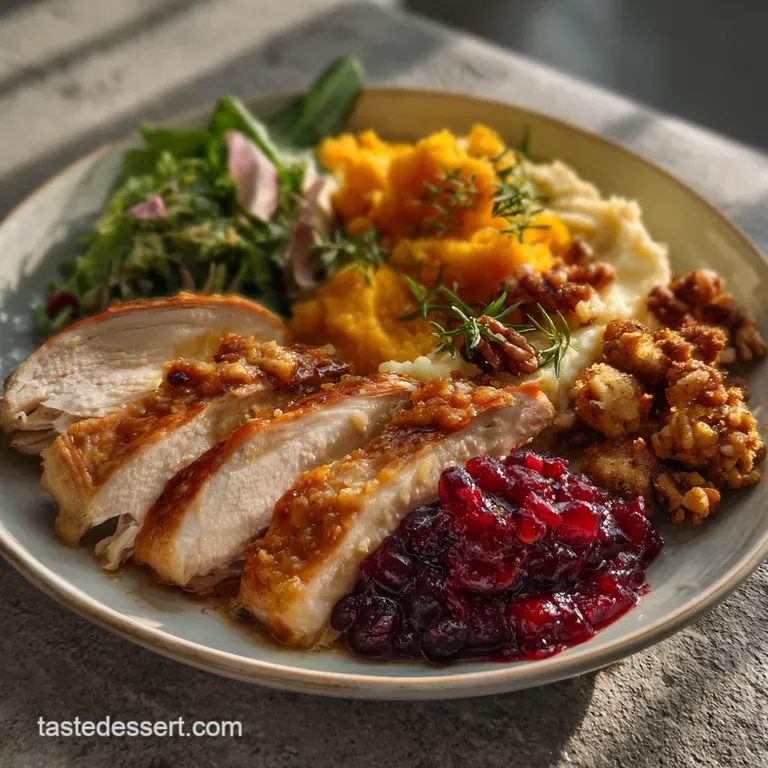 Elegant plate featuring a slice of turkey with glistening skin, surrounded by a medley of autumn vegetables, herbs, and gr...