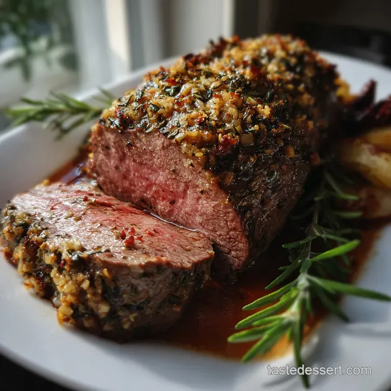 Elegant plate featuring a tenderloin slice, drizzled with jus, alongside a medley of colorful roasted root vegetables and ...