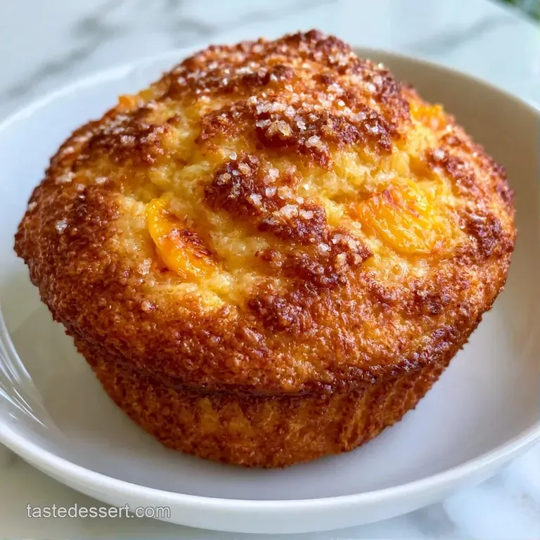 Three fluffy muffins on a white ceramic platter, garnished with fresh peach slices and a vibrant sprig of mint.