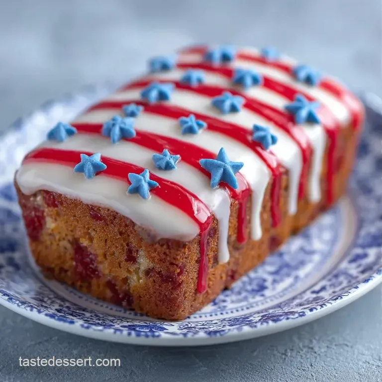 A neat slice of patriotic cake on a white plate, showcasing smooth red and white frosting and a fluffy crumb.