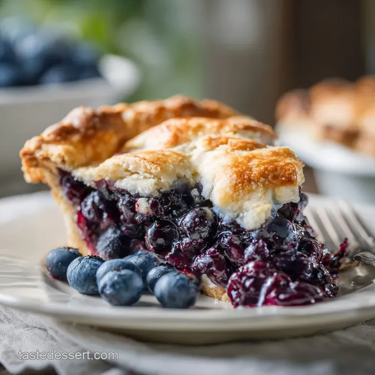 A slice of warm blueberry pie revealing a jammy, dark berry filling and a delicate pastry edge.