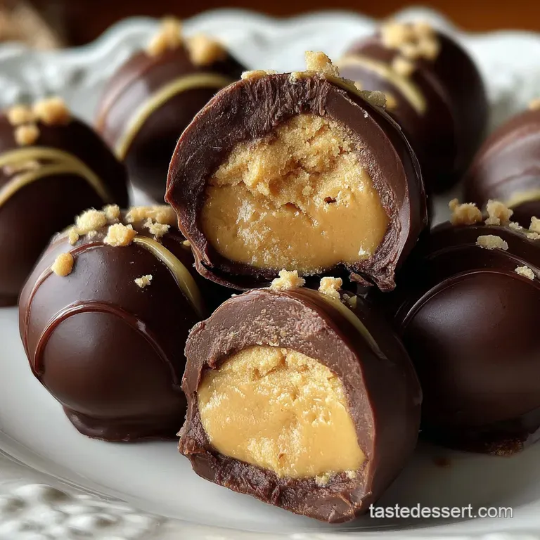 Trio of buckeye balls artfully arranged on a white plate, dusted with flaky sea salt and drizzled chocolate.