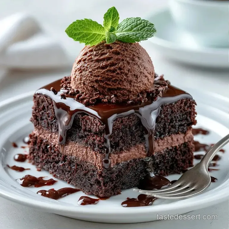 A dark cocoa frozen dessert slice on a white ceramic plate, drizzled with glossy syrup and topped with a mint leaf.