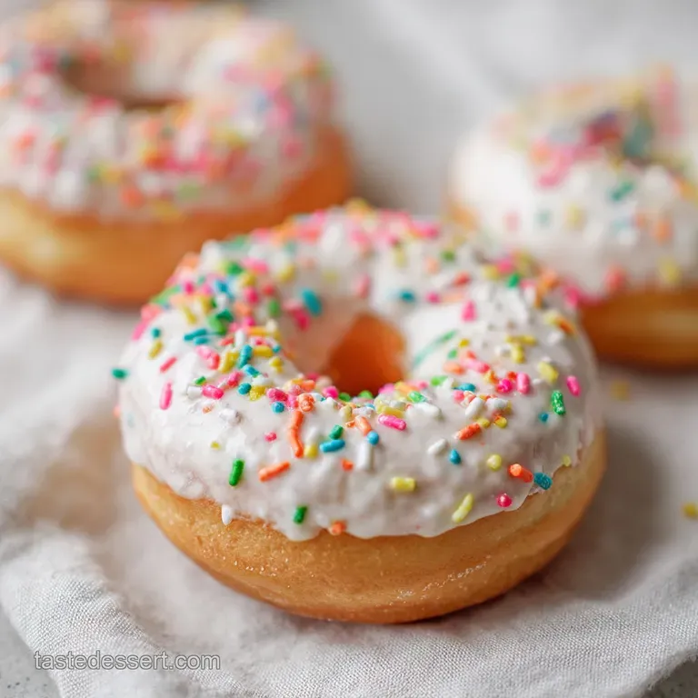 A delicate donut resting on a white plate, drizzled with white icing and sprinkled with colorful confetti.