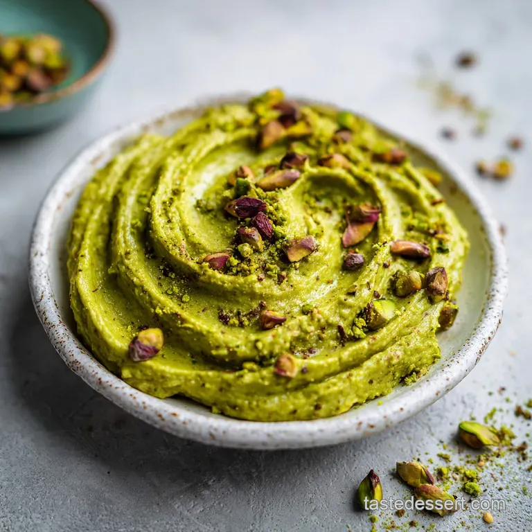 A swirl of vibrant green pistachio butter artfully drizzled over dark chocolate, creating a marbled effect.