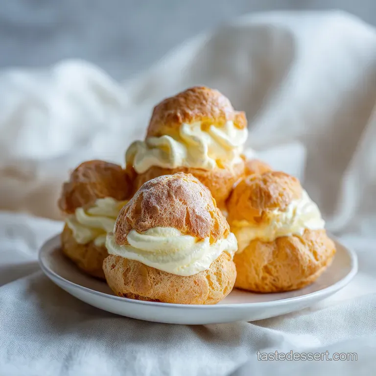 Golden profiteroles filled with smooth, pale yellow eggnog cream, elegantly presented on a white ceramic plate with a spri...