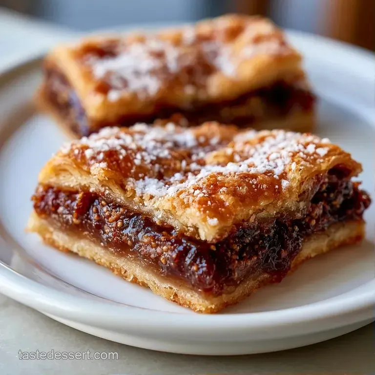 Neatly sliced squares of jam-filled treats stacked on a ceramic plate with a dusting of powdered sugar and mint.