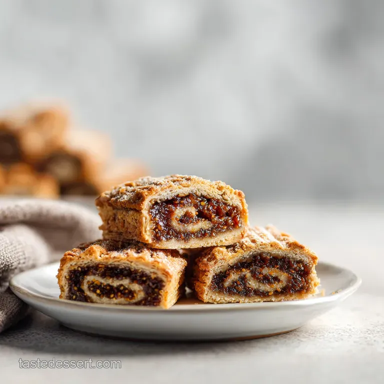 Stacked fig bars artfully arranged on a rustic wooden board with a drizzle of honey.