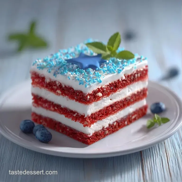 Rectangular cake with patriotic frosting stripes on a white ceramic platter, garnished with fresh blueberries.
