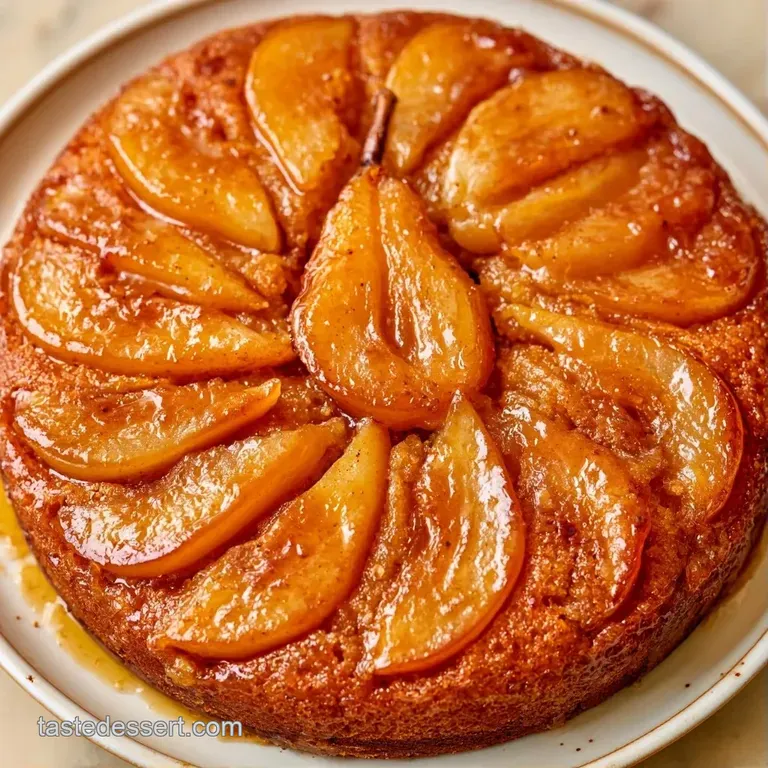 Elegant slice of pale gold cake topped with glazed pear slices on a ceramic plate with a sprinkle of almond flakes.