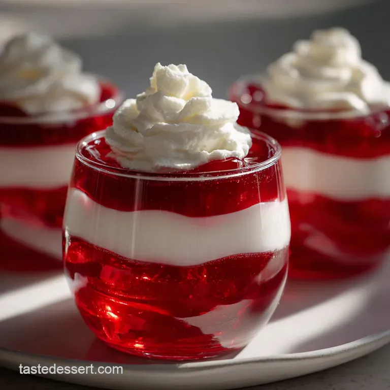 A row of clear glasses filled with alternating translucent layers of bright red and yellow gelatin and creamy foam.