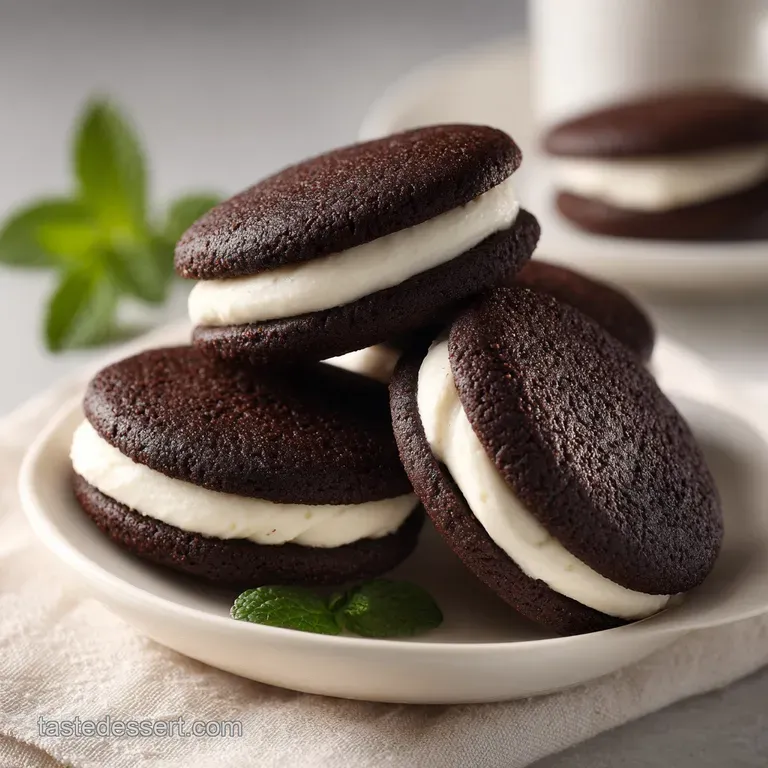 A neat stack of dark cocoa sandwich cookies with bright white frosting, set against a minimalist grey backdrop.