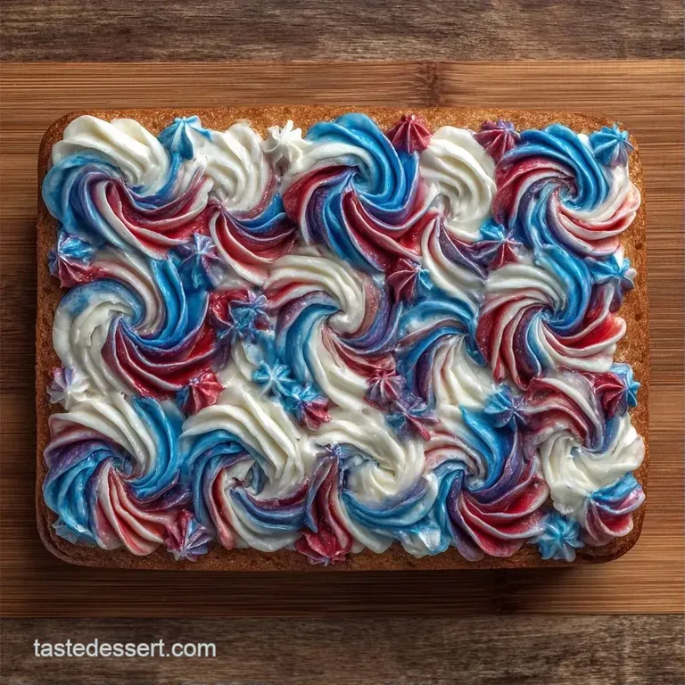 A rectangular slice of fluffy white cake topped with vibrant red and blue frosting on a clean white ceramic plate.