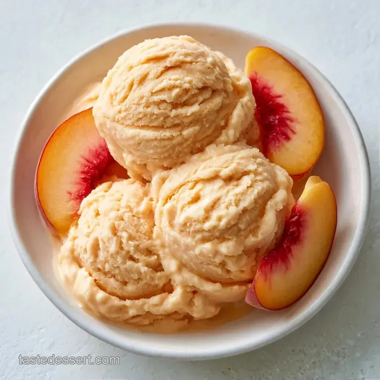 Three pastel orange scoops arranged on a marble platter with sliced gold peaches and a drizzle of honey.