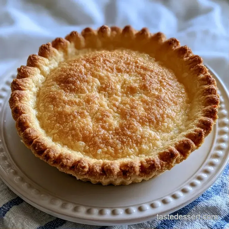 A precise slice of buttery crust on a white porcelain plate, topped with a dollop of whipped cream and mint.