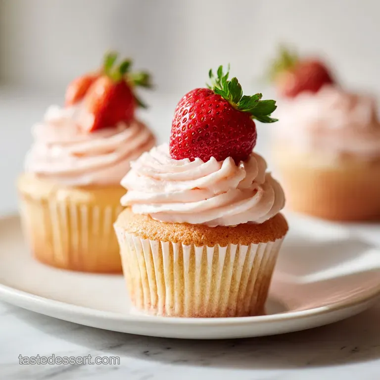 A single cupcake, artfully arranged with fresh strawberry halves and a delicate swirl of frosting.