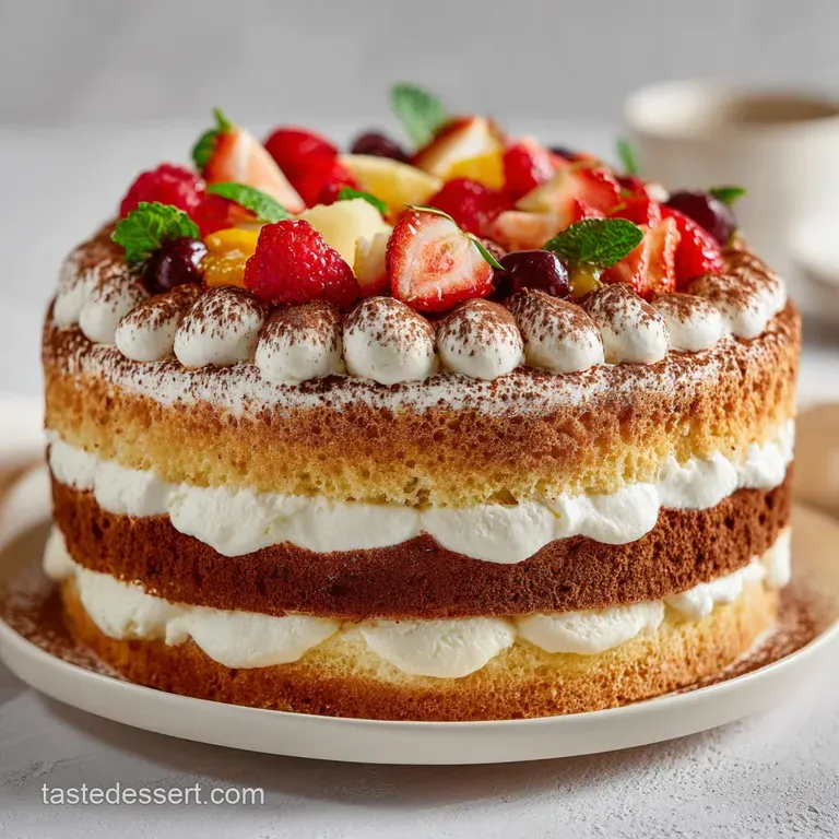 A slice of tiramisu cake on a white plate, showcasing delicate cream swirls and a dusting of dark cocoa.
