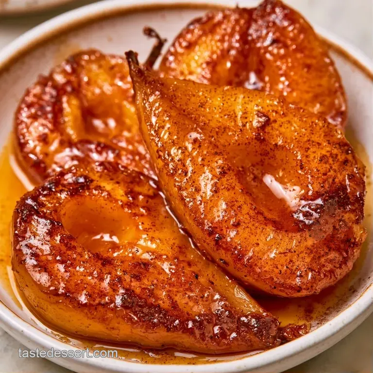 Halved roasted pears drizzled with amber syrup, topped with a dollop of cream and a sprig of fresh green mint.