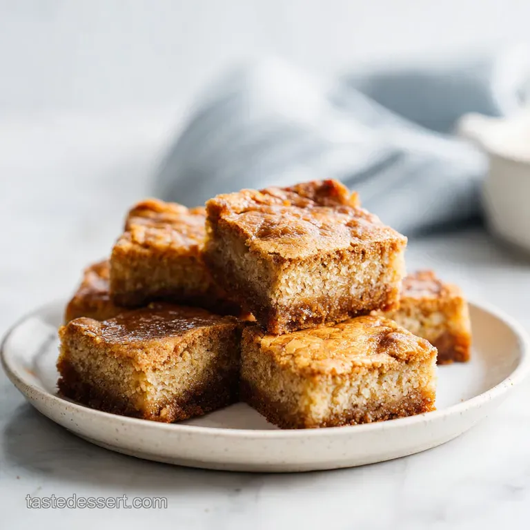A single blondie square, drizzled with honey, sits on a white plate with a dusting of cinnamon.