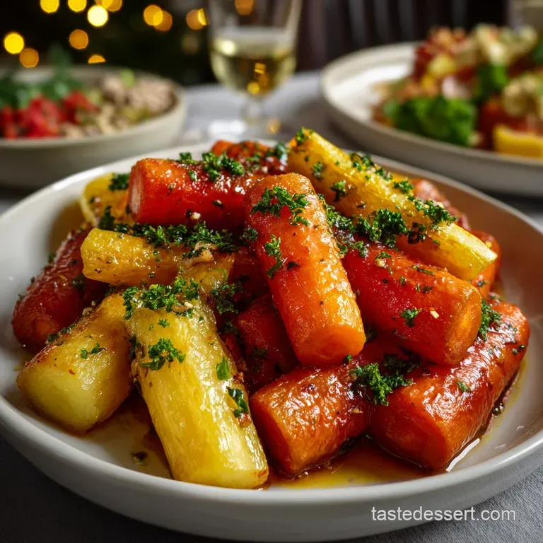 Elegant plate showcasing colorful roasted root vegetables, glistening with honey glaze, artistically arranged, ready to be...