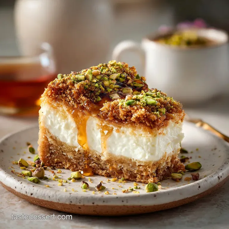 Elegant slice of baklava cheesecake drizzled with honey, showcasing layers of pastry and creamy filling, garnished with pi...