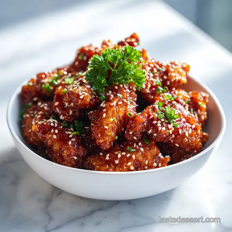 A steaming mound of glossy chicken with a delicate sesame seed crunch, artfully arranged with fresh green garnish.