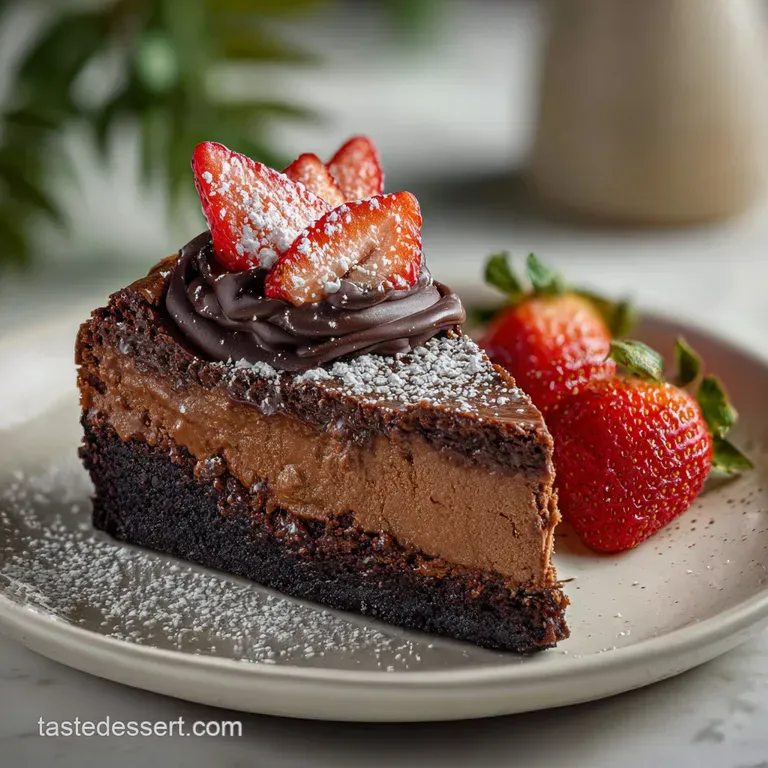 A thick slice of dark brownie cake topped with a light cheesecake layer, drizzled with warm chocolate, sits on a white plate.