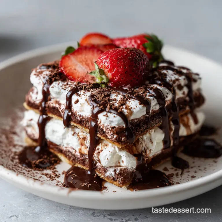 Neatly cut slice of chocolate lasagna. Creamy layers, chocolate cookie crumbles, and a rich, dark cocoa powder dusting det...