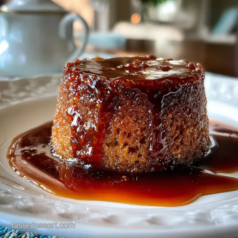 A slice of rich, dark toffee cake sits on a white plate, topped with a scoop of vanilla ice cream and drizzled with caramel.