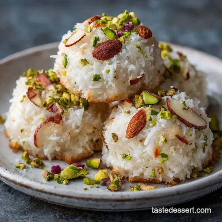 Small, pearly white coconut spheres topped with slivered almonds on a rustic wooden tray with fresh green mint leaves.