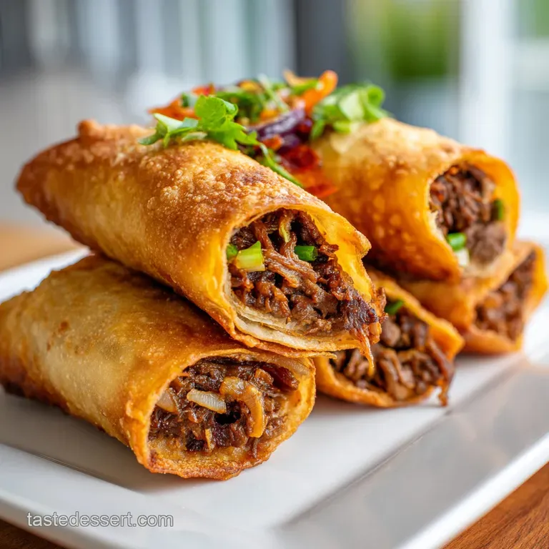 Golden fried wraps plated with a vibrant scoop of guacamole, dollop of sour cream, and zesty lime wedges.