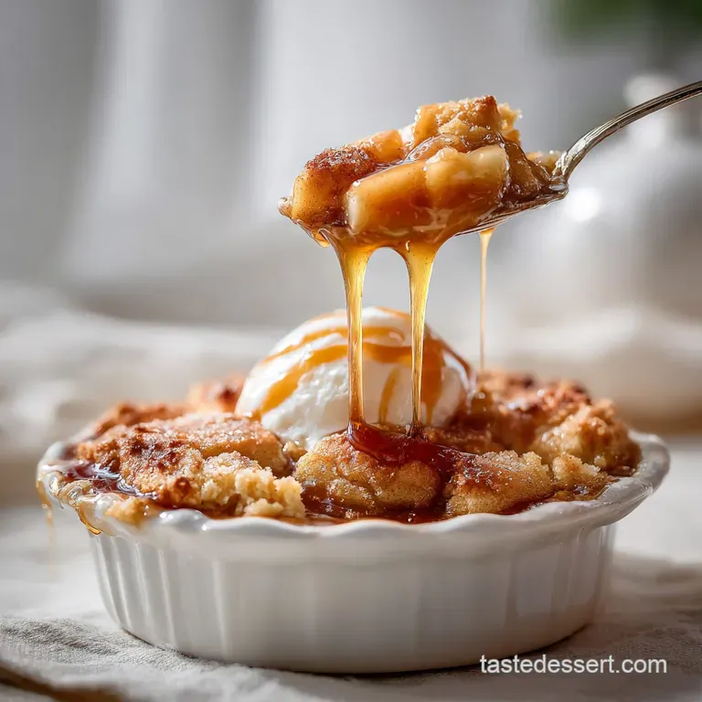 Warm apple cobbler in a rustic bowl, topped with a scoop of melting vanilla ice cream and a dusting of cinnamon.