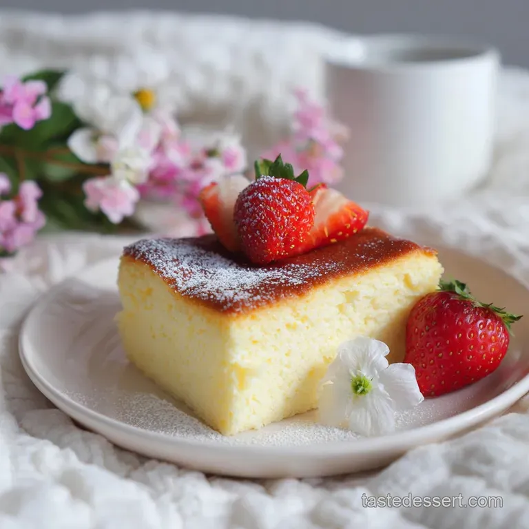Slice of fluffy cheesecake on a white plate. Soft, billowy texture. Lightly browned crust, dusted with delicate powdered s...
