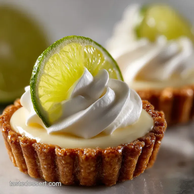 Individual key lime tarts elegantly plated with a dusting of lime zest and a sprig of fresh mint for a pop of vibrant green.