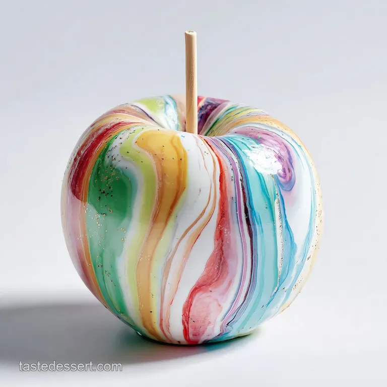 A cluster of jewel-toned candy apples on a white platter, their glossy shells reflecting light.