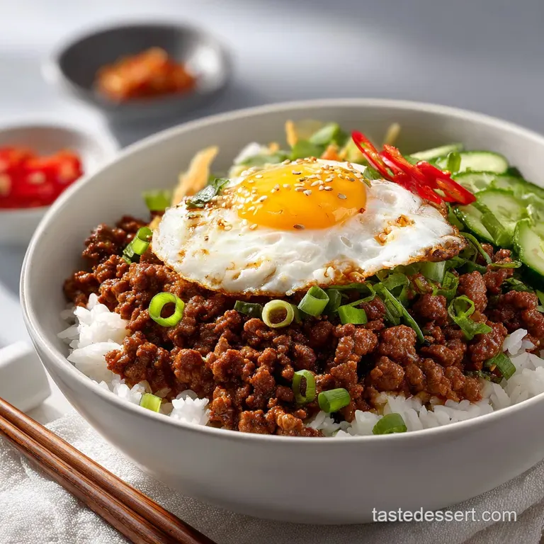 Korean beef bowl: Browned ground beef glistens in a savory sauce, atop fluffy rice, garnished with vibrant green onions.