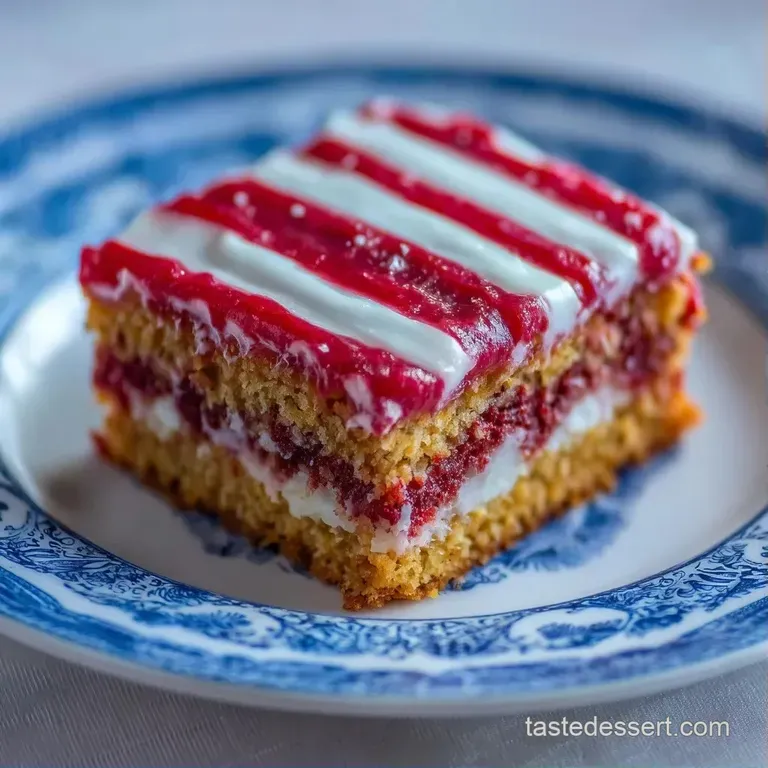 A grand rectangular cake with crisp red and white frosting lines and a starry blue field on a white platter.