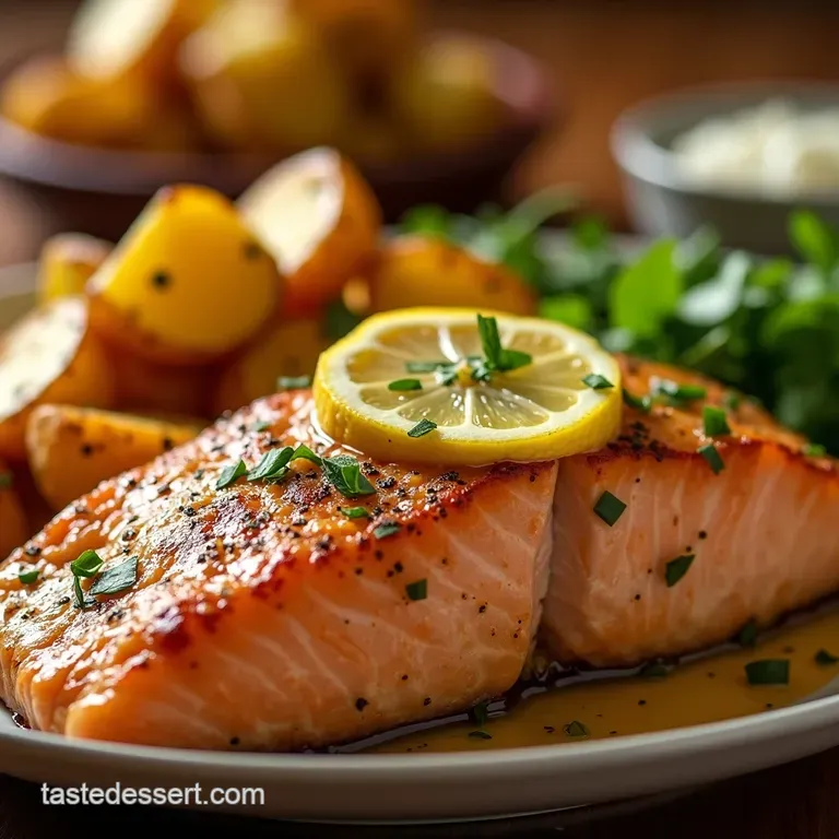 Lemon Butter Salmon with Crispy Potatoes and Broccoli Bliss presentation