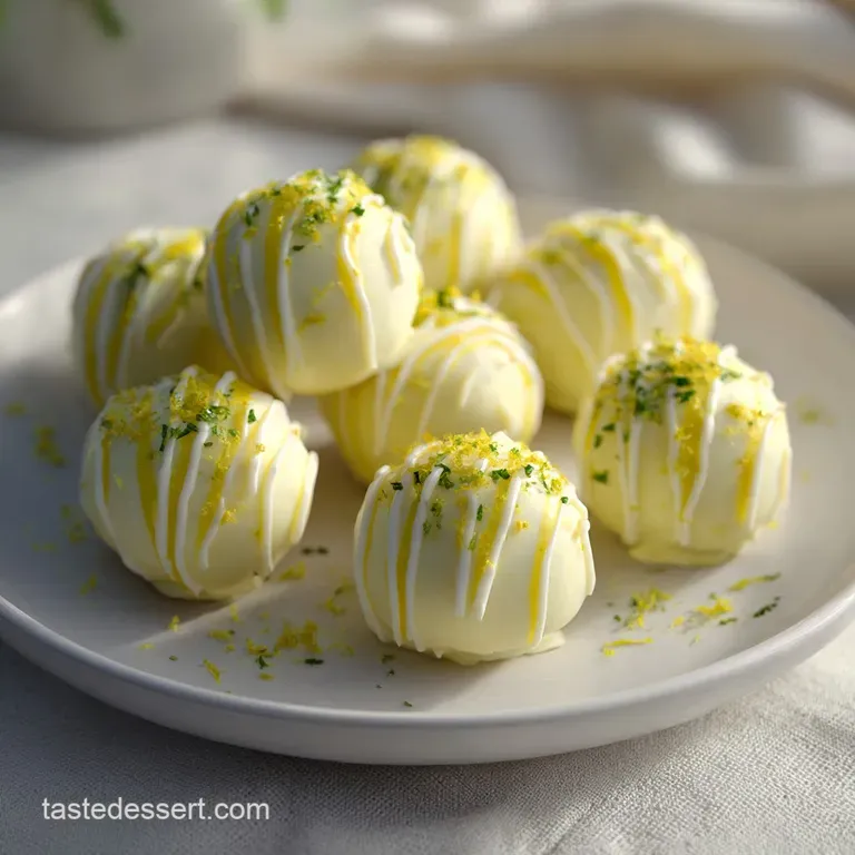 Elegant lemon cheesecake truffle plated with candied zest and a vibrant sprig of mint, offering a refreshing burst of flavor.