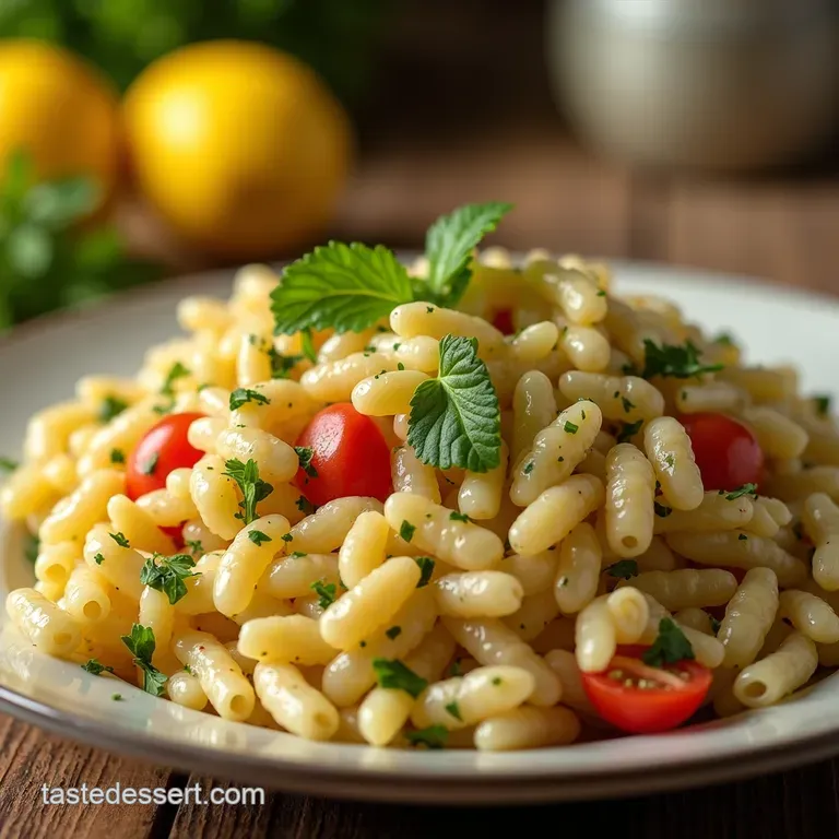 Lemon Herb Orzo Pasta Salad with Grilled Halloumi Cherry Tomatoes presentation