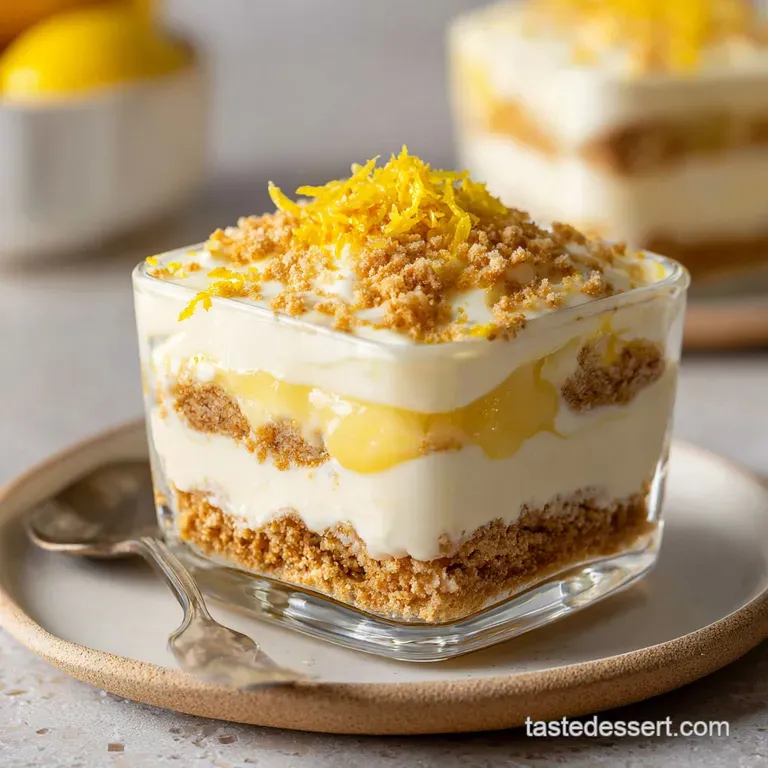 Elegant slice of layered citrus cream cake on a porcelain plate with a bright yellow lemon slice and mint garnish.
