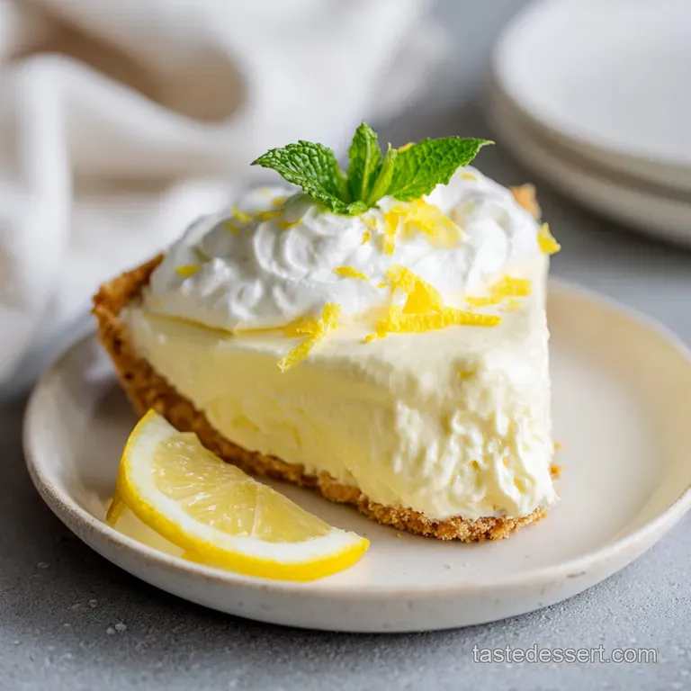 A slice of pale yellow pie with a dollop of whipped cream and a bright lemon peel garnish.