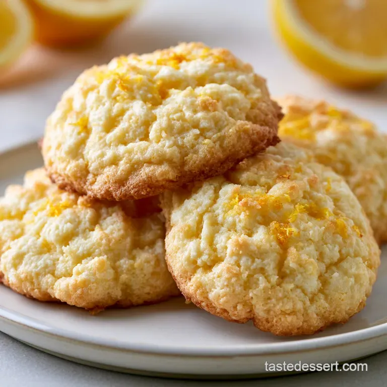 Three soft citrus cookies stacked neatly with bright lemon slices and a fresh mint leaf on a white marble surface.