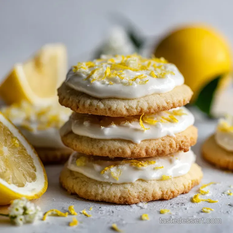 Elegant stack of lemon sugar cookies, drizzled icing, and lemon zest, presented on a white plate, ready to eat.